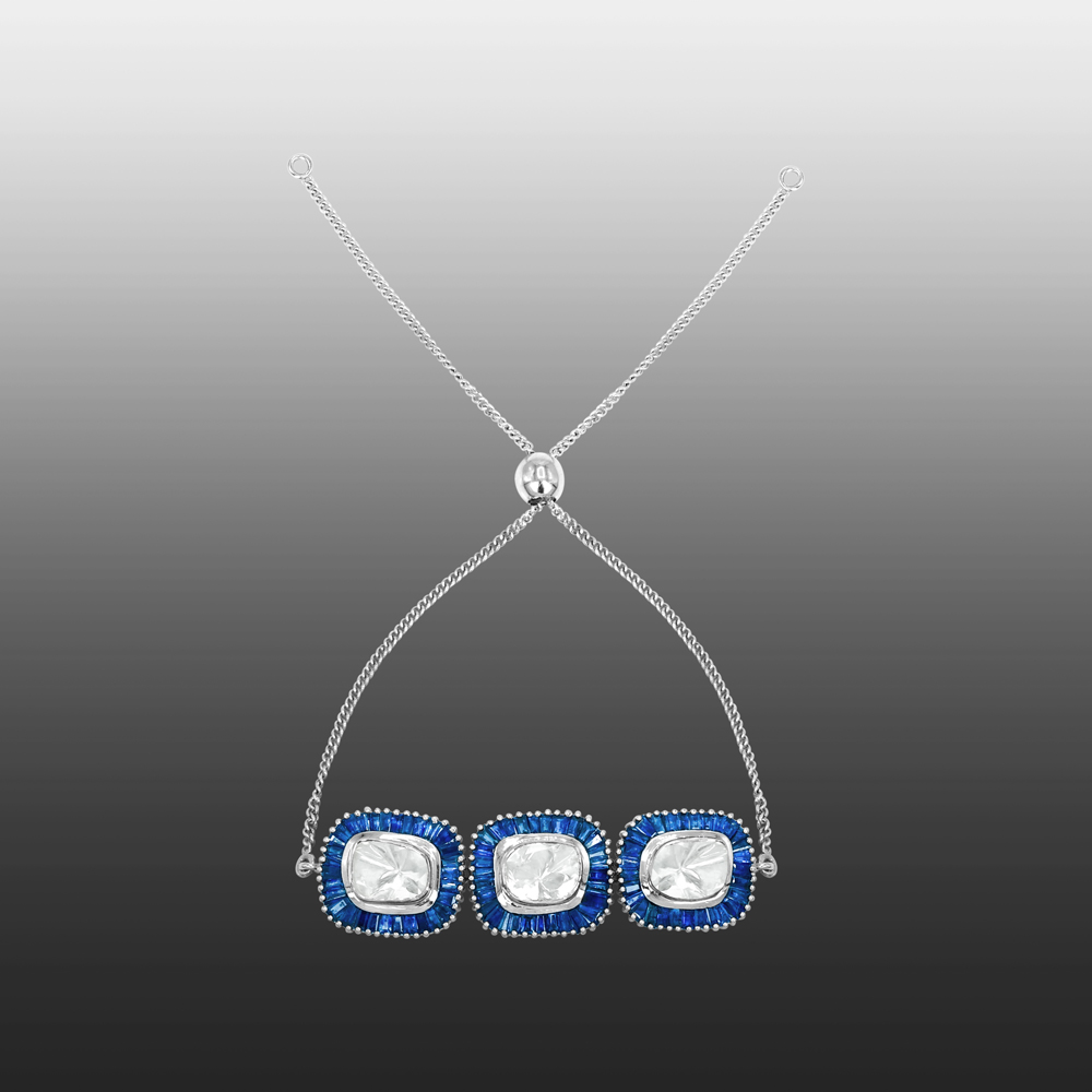 Polki Diamond Bracelet with Blue Sapphire Baguette Stones and Bolo Clasp